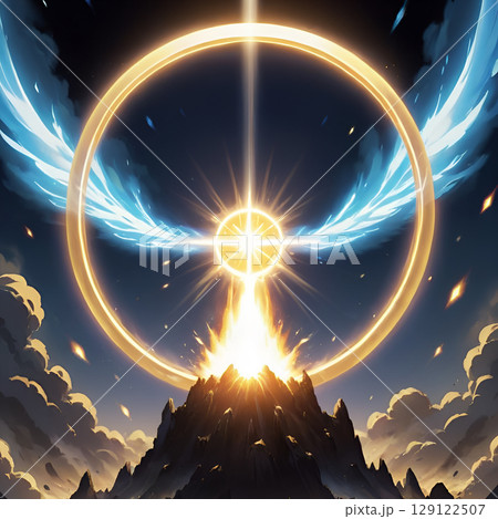 Majestic mountain peak bathed in radiant light with celestial energy circle above, a stunning symbol of power and spiritual awakening 129122507