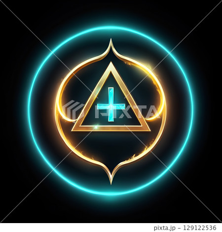 Stunning neon alchemy symbol, golden triangle with glowing blue cross, modern magical icon for branding, spirituality, technology designs 129122536