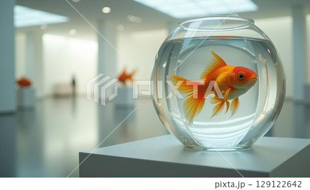 美術館の金魚鉢の中で泳ぐ金魚 129122642