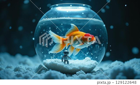 沈んだ金魚鉢の中で泳ぐ金魚 129122648