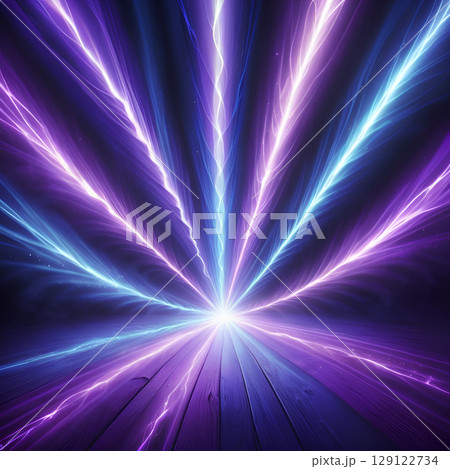 Dynamic burst of radiant purple and blue energy streams emanate from a central bright light over a textured wooden surface 129122734