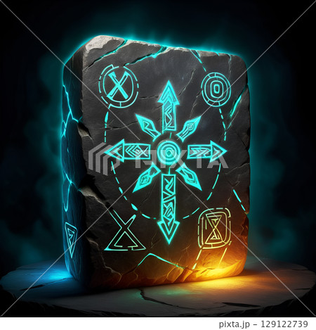 Mystical ancient stone tablet glowing with arcane symbols and energy, perfect for fantasy or occult themes. 129122739