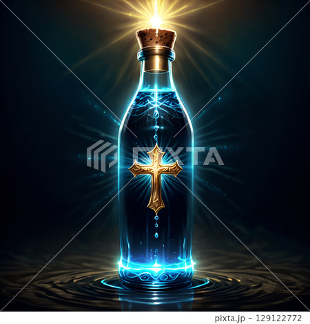 Experience divine healing and spiritual renewal with this glowing holy water bottle featuring a radiant golden cross, perfect for sacred rituals. Experience divine healing and spiritual renewal with this glowing holy water bottle featuring a radiant golden cross, perfect for sacred rituals. 129122772