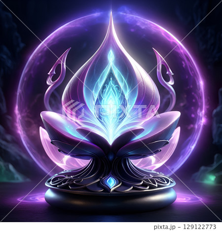 Stunning glowing lotus flower with ethereal purple energy, symbolizing enlightenment and spiritual awakening 129122773