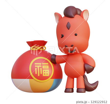 cartoon style 2026 new year red horse character standing next to a lucky bag 3D graphic cartoon style 2026 new year red horse character standing next to a lucky bag 3D graphic 129122912