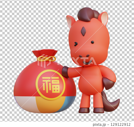 cartoon style 2026 new year red horse character standing next to a lucky bag 3D graphic cartoon style 2026 new year red horse character standing next to a lucky bag 3D graphic 129122912