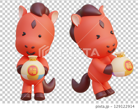 holding a lucky bag cartoon style 2026 new year red horse character 3D graphic 129122914