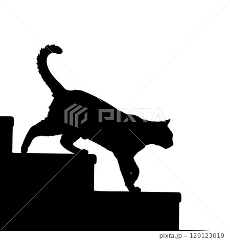 挑戦と成長のシンボル。未来へ向かって階段を下りるかわいい猫のシルエットイラスト 129123019