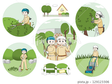 庭のお手入れイラストセット 庭のお手入れイラストセット 129123306