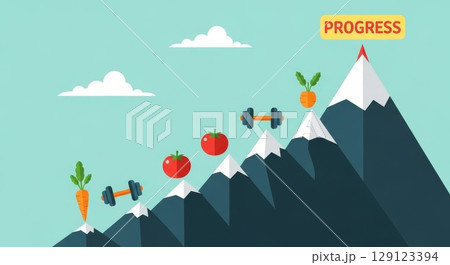Healthy lifestyle progress concept with mountain peaks showing growth stages featuring vegetables dumbbells and fitness goals achievement illustration Healthy lifestyle progress concept with mountain peaks showing growth stages featuring vegetables dumbbells and fitness goals achievement illustration 129123394
