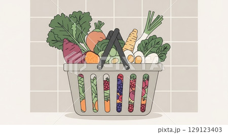 Shopping basket filled with fresh organic vegetables and fruits on beige tiled kitchen counter background including leafy greens carrots parsnips eggs and colorful produce 129123403