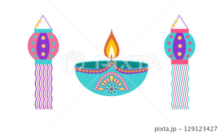 Festive Diwali illustration pack featuring diyas, lanterns in flat style. Deepavali vector illustration for banners, social media, cards Festive Diwali illustration pack featuring diyas, lanterns in flat style. Deepavali vector illustration for banners, social media, cards 129123427