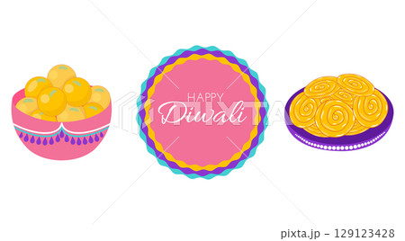 Diwali festival vector collection with rangoli, sweets, jalebi, laddoo in flat style. Deepavali vector illustration for creative design needs Diwali festival vector collection with rangoli, sweets, jalebi, laddoo in flat style. Deepavali vector illustration for creative design needs 129123428