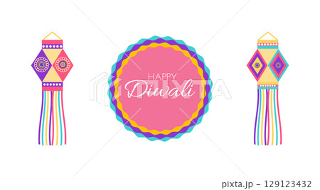Festive Diwali icons including rangoli, lanterns, lamps in flat style. Deepavali vector illustration for banners, posters and social media posts Festive Diwali icons including rangoli, lanterns, lamps in flat style. Deepavali vector illustration for banners, posters and social media posts 129123432