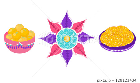 Diwali festival vector set with rangoli, sweets Diwali festival vector set with rangoli, sweets 129123434
