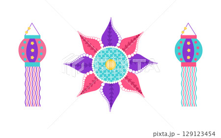 Festive Diwali celebration set with rangoli 129123454