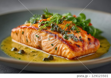 Grilled salmon fillet with capers and herbs on plate, garnished with fresh greens and served in lemon butter sauce Grilled salmon fillet with capers and herbs on plate, garnished with fresh greens and served in lemon butter sauce 129123501