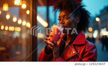 Woman enjoying a vibrant smoothie with whipped cream on a lively city street at dusk. Generated AI 129123637