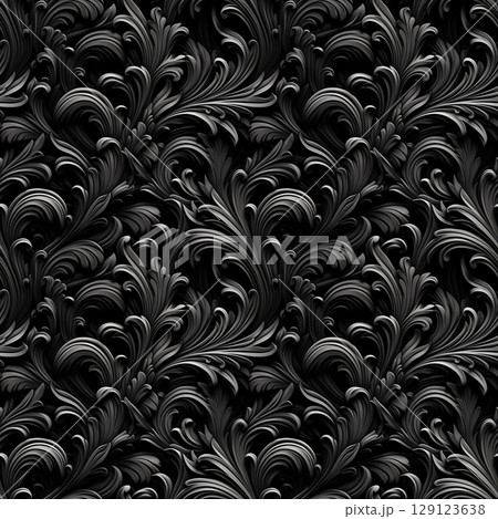 Black and white seamless pattern with classic foliage ornament. Seamless texture background. Generated AI. 129123638