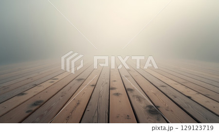 Wooden floor with foggy background and copy space. Empty rustic planks with natural texture for product display, design, or backdrop use 129123719