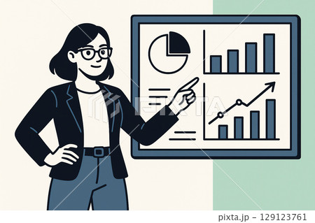 成長グラフを指しながら説明するビジネスウーマンのイラスト 129123761