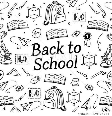 Back to School square banner doodle sketch set with educational elements. Black and white vector doodle with school elements. Notebook, books, backpack. Vector illustration for study, school Back to School square banner doodle sketch set with educational elements. Black and white vector doodle with school elements. Notebook, books, backpack. Vector illustration for study, school 129123774