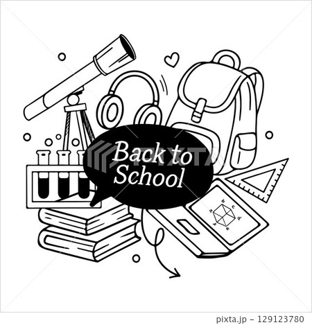 Black and white outline composition Back to school on white background. Hand drawn vector illustration in doodle style. Emblem, sticker, sign, print for school projects. School Supplies Poster. School 129123780
