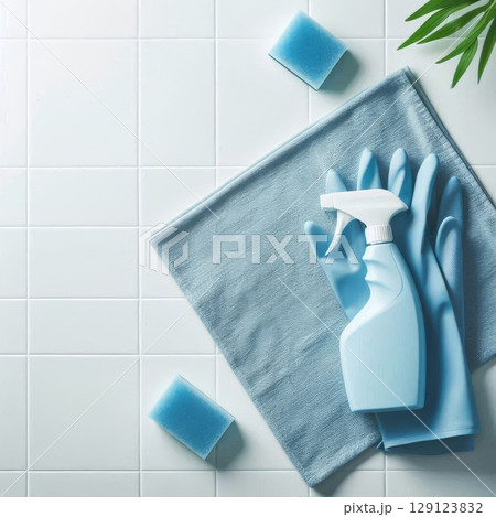 Cleaning spray bottle, gloves, towel, and sponges on tiled surface. Household sanitation and hygiene concept. Flat lay composition 129123832