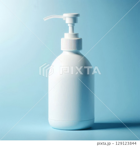 White plastic pump bottle on blue background. Skincare, soap, or lotion container mockup for branding and packaging design 129123844