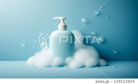 Pump bottle with soap foam and bubbles on blue background. Skincare and hygiene product concept. Cleanliness and freshness theme Pump bottle with soap foam and bubbles on blue background. Skincare and hygiene product concept. Cleanliness and freshness theme 129123854