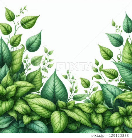 Green botanical leaves frame with white background. Nature-inspired floral border with copy space for text. Eco-friendly design template 129123888