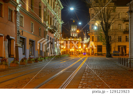 Dominican Cathedral and Rynok Square at night Lviv Ukraine 129123923