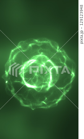 Bright glowing green energy sphere made of floating particles, radiating in a dark green abstract space Bright glowing green energy sphere made of floating particles, radiating in a dark green abstract space 129123948