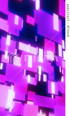 Vibrant pink and purple glowing digital blocks floating in abstract 3D space with futuristic light effects 129123949