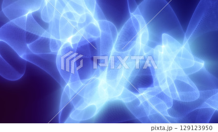 Light blue translucent shapes flow smoothly across a dark background, forming a glowing ethereal digital wave structure 129123950