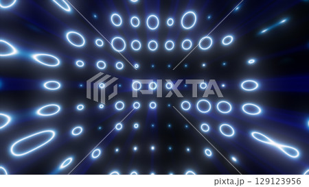 Glowing blue rings form a tunnel-like digital vortex with radiating light beams in a futuristic abstract pattern 129123956