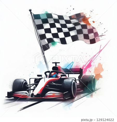 Formula 1 race car crossing finish line with checkered flag in abstract watercolor style, symbolizing speed, victory, and motorsport 129124022