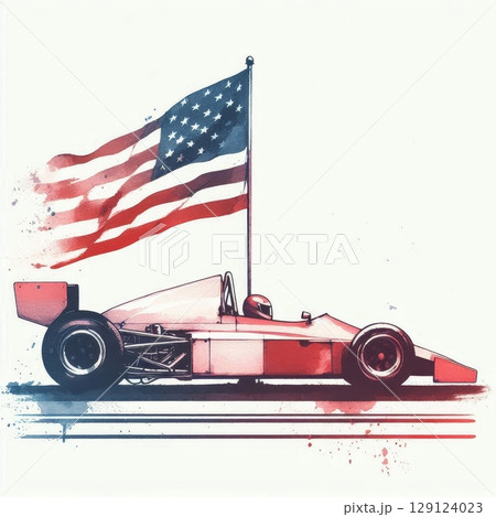 Vintage formula race car with American flag in watercolor style, symbolizing motorsport heritage, speed, patriotism, and racing history 129124023