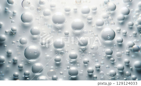 Transparent bubbles of different sizes floating on white background, abstract clean water and freshness concept for design 129124033