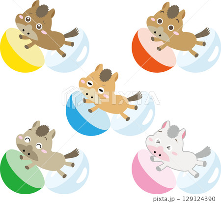 カプセルトイから登場する干支の馬たち|2026年のかわいい年賀イラスト カプセルトイから登場する干支の馬たち|2026年のかわいい年賀イラスト 129124390