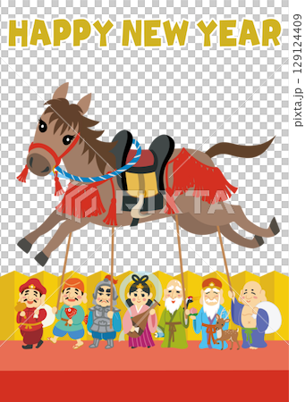 新年賀卡插圖 馬年七福神 垂直 新年快樂 129124409