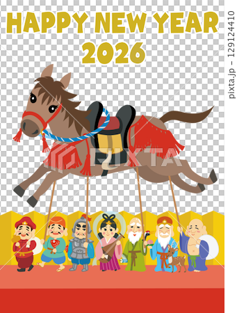 新年賀卡插圖 馬年七福神 垂直 新年快樂 129124410