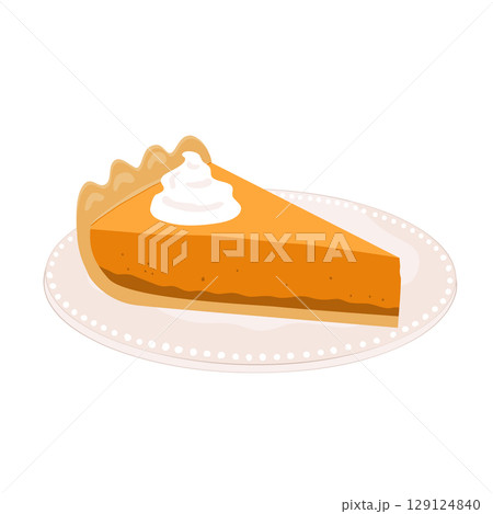 Pumpkin Pie Slice with Cream on a plate. Fall and Autumn symbol. National Pumpkin Cheesecake Day. Vector Illustration. 129124840