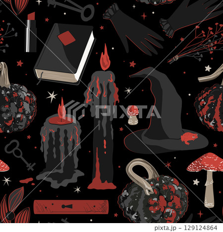 Spooky and dark Halloween seamless pattern with black and red candles, warty pumpkins, witch hat and gloves, witchcraft books and amanita mushrooms. Scary Halloween background clip art. 129124864