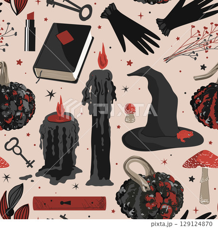 Spooky Halloween seamless pattern with black and red candles, warty pumpkins, witch hat and gloves, witchcraft books and amanita mushrooms. Scary Halloween background clip art. 129124870