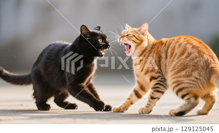 Black and ginger tabby cats hissing and facing off in a tense moment outdoors on a bright day. Aggressive animal encounter. Black and ginger tabby cats hissing and facing off in a tense moment outdoors on a bright day. Aggressive animal encounter. 129125045