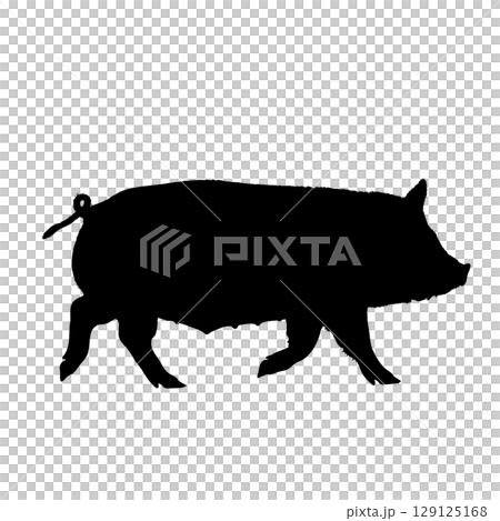 牲畜和十二生肖的象徵。一隻豬側站立的簡單剪影插圖。豬肉菜餚、餐廳、火腿 129125168