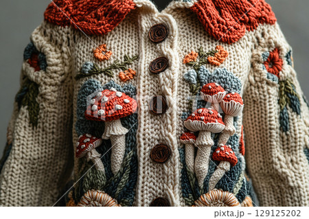 Handmade Love. Trending in fashion. Crochet details of mushrooms pattern on a modern garment. Autumn atmosphere in clothes. Handmade Love. Trending in fashion. Crochet details of mushrooms pattern on a modern garment. Autumn atmosphere in clothes. 129125202