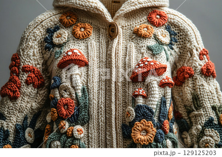 Cozy corner. Trending in fashion. Crochet details of mushrooms pattern on a modern garment. Autumn atmosphere in clothes. 129125203