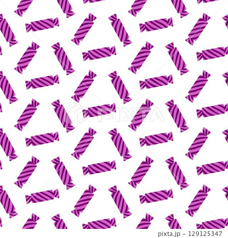Candy seamless pattern in violet and purple wrap. Hand drawn caramel candy, sweets with chocolate shades in doodle style. Ideal Candy background for digital wallpaper or confectionery packaging. 129125347